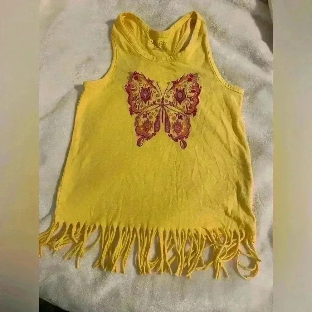 Girls Razorback tank in yellow with glittery butterfly in pink & orange size S/P